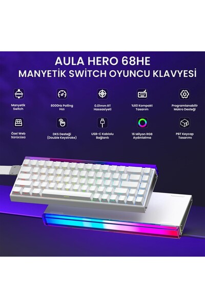 Aula Hero 68 HE Manyetik Klavye Rapid Trigger Black King Switch 8000Hz RGB Neon TKL Hot Swap Oyuncu