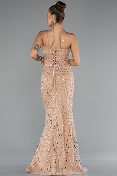 Abiyefon Gold Straplez Uzun Boncuklu Balık Abiye ABU5142