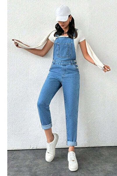 StreetWear Outlet Denim Women's Jumpsuit with Oblique Pockets, Straps, and Side Buttons