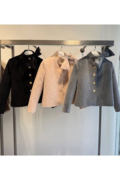 MODAGK Gold Button Detailed Bow Collar Fur Jacket