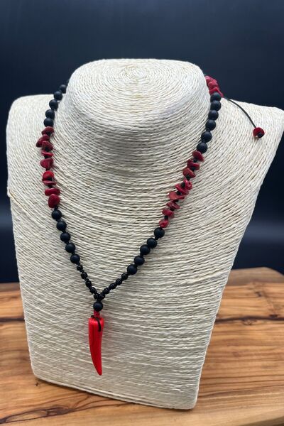 Balzamin Design Onyx and Coral Stone Unisex Necklace |   Natural Stone Design with Howlite Tip, Adjustable