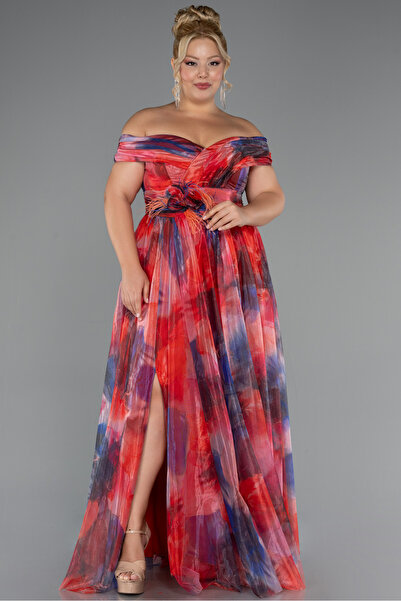 Abiyefon Orange Kayık Yaka Uzun Empirme Büyük Beden Abiye ABU5263