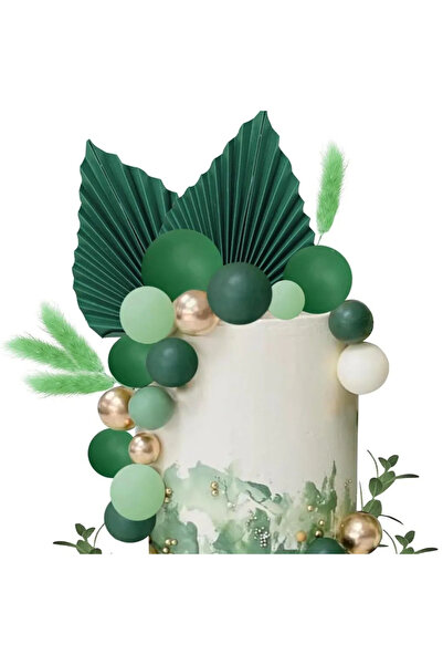 Baloane Vesele Green Natural Theme Cake Decoration with Leaves and Decorative Balls TOP75