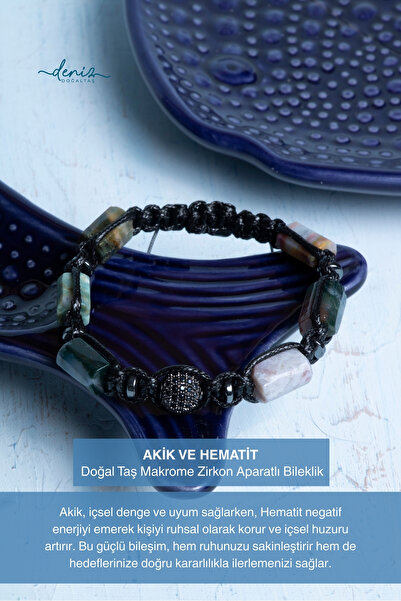 Deniz Doğal Taş Certified Agate and Hematite Natural Stone Macrame Zircon App...