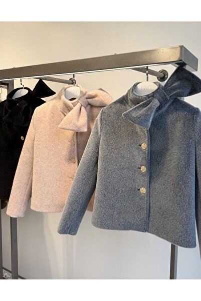 MODAGK Gold Button Detailed Bow Collar Fur Jacket