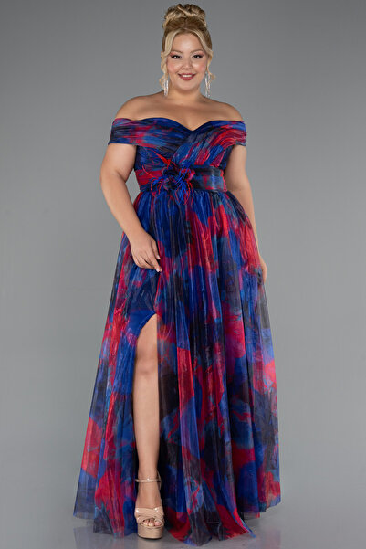 Abiyefon Lacivert Kayık Yaka Uzun Empirme Büyük Beden Abiye ABU5263