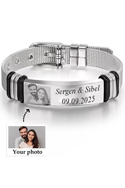 Takı Dükkanı Kişiye Özel Resim Baskılı 2 Satır İsim Yazılı Çelik Bileklik Sev...