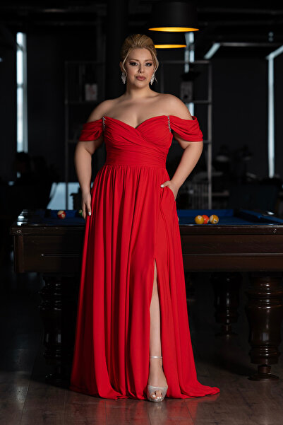 Abiyefon Mercan Kayık Yaka Yırtmaçlı Uzun Şifon Büyük Beden Abiye ABU3738