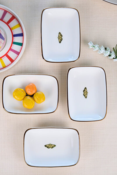 tabakevi Tabak Evi Porcelain Natura Butterfly Gold Gilded Rectangular Boat Plate 10X7X2Cm 4 Pcs