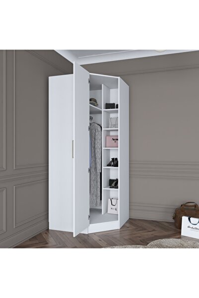 Rani Mobilya Rani BA140 Köşe Modül Gardırop Tek Kapaklı Raflı Elbise Dolabı Tamamlayıcı Köşe Ünitesi Beyaz