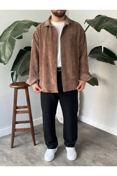 Gambocci Ανδρικό πουκάμισο μονόχρωμο κοτλέ βελούδινο oversized φαρδύ κομμένο