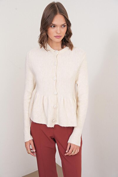 Mixray 6958 Women's Knitwear Peplum Cardigan Natural