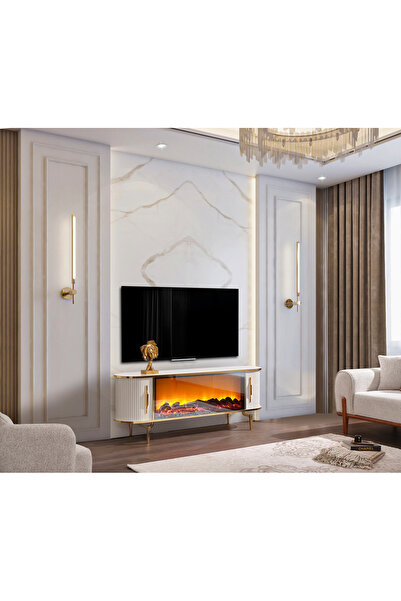 Breda Home Concept Mira Mdf Gold Detaylı Şömineli Tv Ünitesi Sehpası