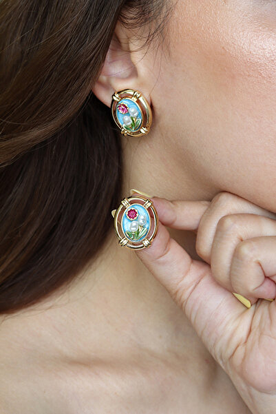 DHARMONYCO Mavi Mineli İncili Sanat Küpe