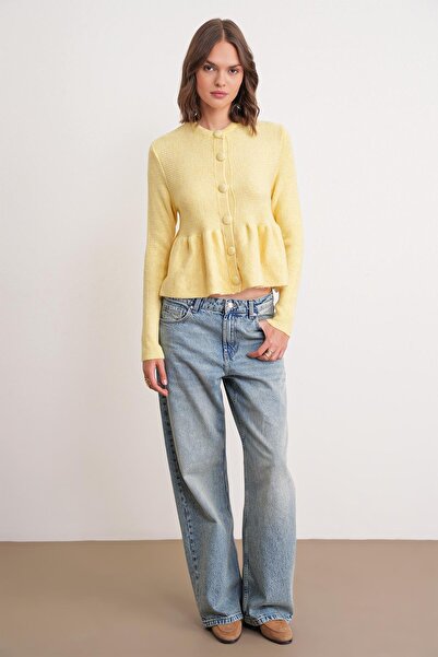 Mixray 6958 women's knitwear peplum cardigan yellow