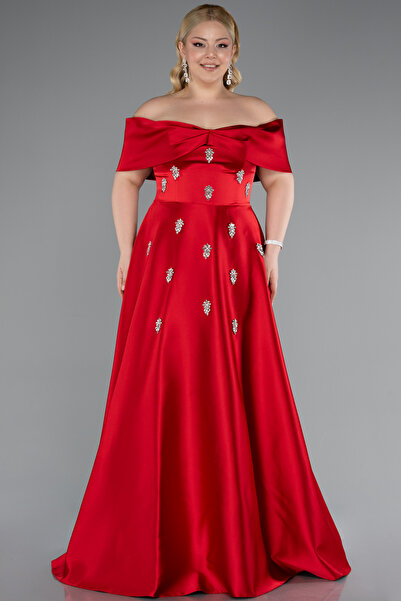 Abiyefon Kırmızı Kayık Yaka Taşlı Uzun Saten Büyük Beden Abiye ABU4998