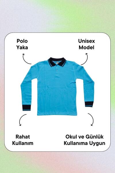 rednelax Navy Blue Collared Turquoise Long Sleeve 6-17 Years Old Children's School Lakos Sweat Polo Collar Solid Color