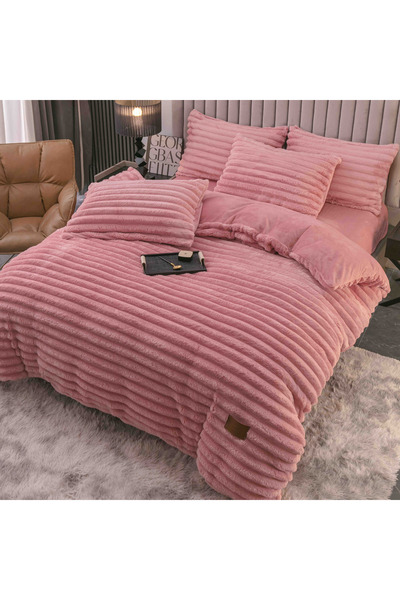 JOJO HOME Fluffy cocolino bedding set, thick striped pattern, with elastic, 2-person bed, 4 pieces, Pink