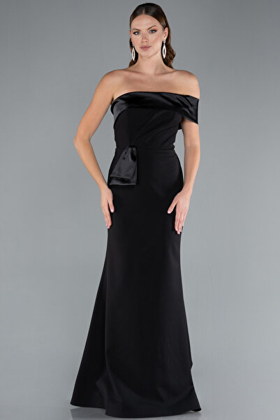 Abiyefon Siyah Saten Tek Omuz Uzun Balık Abiye Elbise ABU4832