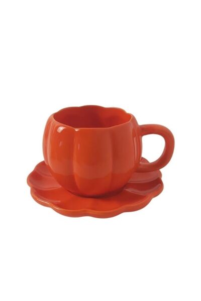 Viyalente Handmade 6-Person Ceramic Pumpkin Tea Coffee Cup Set with Saucers Orange Mug 250 ml