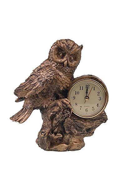 velve Statueta Bufnita Decorativa din rasina, cu Ceas Quartz, Maro, 16x18 cm