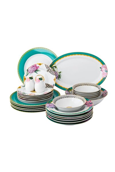ORIAN 28-piece turquoise floral patterned porcelain dinner set for 6 people