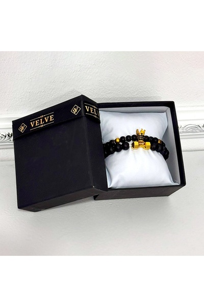 velve Royal set for men, two bracelets with semi-precious stones and zirconium crystals, Black/Gold