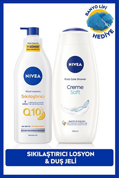 NIVEA Q10 Sıkılaştırıcı Vücut Losyonu 400ml ve Creme Soft Kremsi Dokunuş Duş Jeli 500ml, Banyo Lifi Hediye