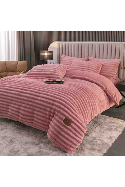 JOJO HOME Fluffy cocolino bedding set, thick striped pattern, with elastic, 2-person bed, 4 pieces, Pink