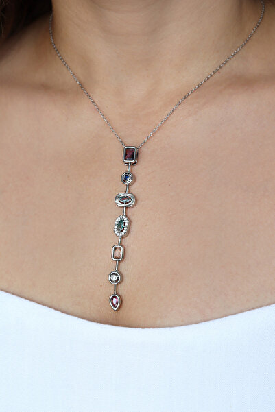 DHARMONYCO Brass Silver Colored Zircon Stone Low-Cut Y Necklace