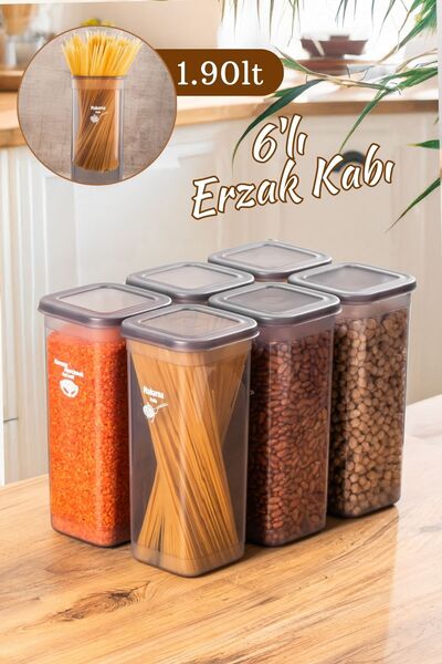 Porsima 432 Gr Set of 6 Labeled Square Flour Food Legume Storage Containers Set 1.90 Lt - Gray