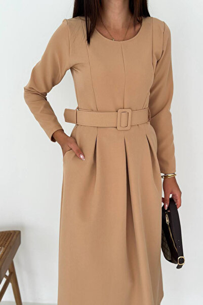 Neşeli Butik Women's Belted Midi Length Long Sleeve Dress Nbk067