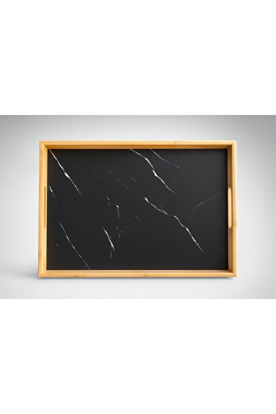maisone home 40X28 cm Bamboo Framed Black Marble Patterned Rectangular Servin...