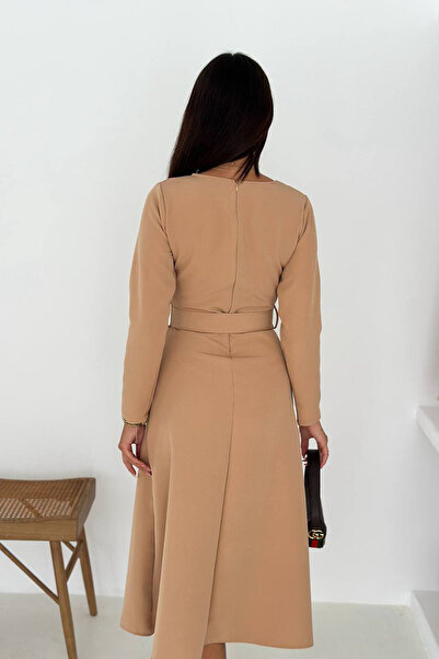 Neşeli Butik kadın kemerli midi boy uzun kollu elbise NBK067