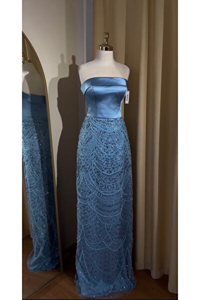 MODA SÖZ/İSTEME/NİŞAN/GECE ELBİSESİ-Midi Boy-Saten Beden -Dantelli Etek