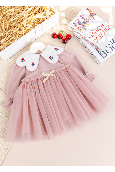 Babymod Stylish Special Occasion Velvet Baby Dress with Baby Collar and Tulle Skirt