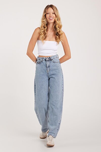 Tudors Kadın Regular Fit Klasik Kesim Baggy Pamuklu Geniş Paça Açık Mavi Jean Pantolon