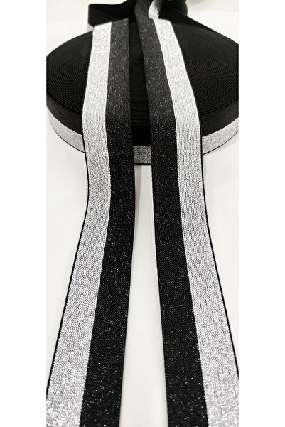 ALTAY AKSESUAR 4 Cm Çift Taraflı Siyah Gümüş Simli Lastik Şerit- 1 Metre