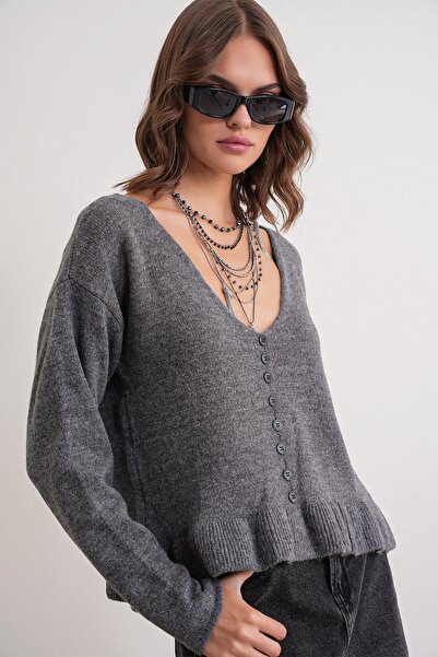 Mixray 6954 Women's Ruffle Detailed V-Neck Knit Sweater Anthracite