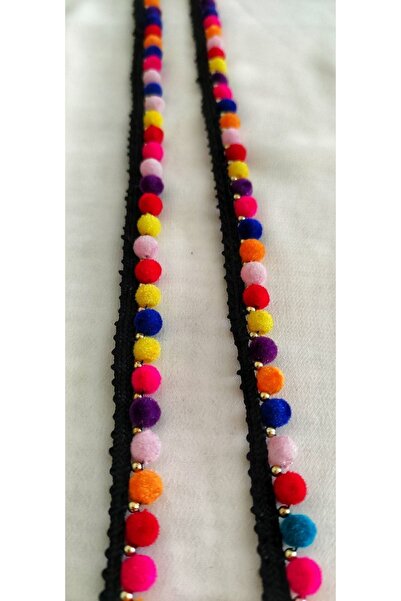 ALTAY AKSESUAR Black Edge Colorful Pompom Beaded Knitted Strip