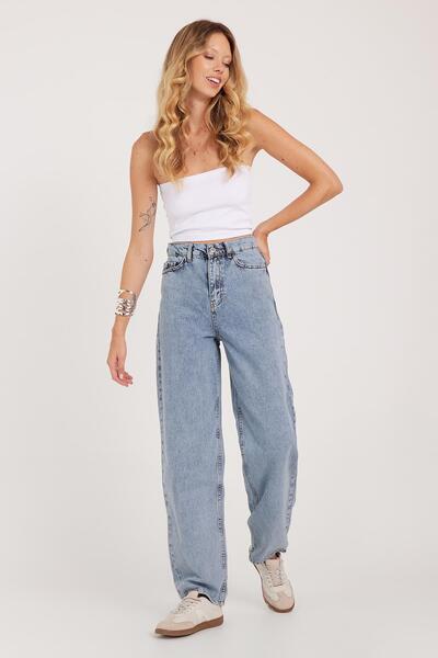 Tudors Kadın Regular Fit Klasik Kesim Baggy Pamuklu Geniş Paça Açık Mavi Jean Pantolon