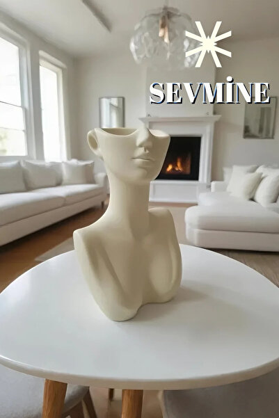 SEVMİNE 19 Cm Krem Kadın Büst Bohem Dekoratif İskandinav Obje Hediyelik (Vazo / Kalemlik)
