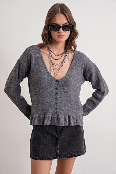 Mixray 6954 Women's Ruffle Detailed V-Neck Knit Sweater Anthracite