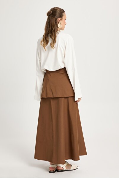 minaaise Women's Brown Belted Poplin Long Skirt 30021