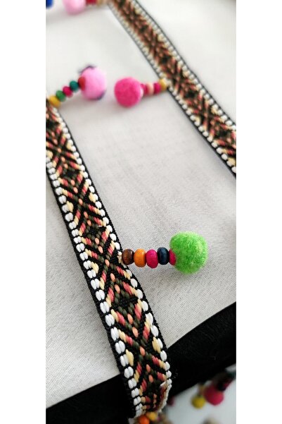 ALTAY AKSESUAR Brown Ethnic Striped Bead Embroidered Pompom Strip