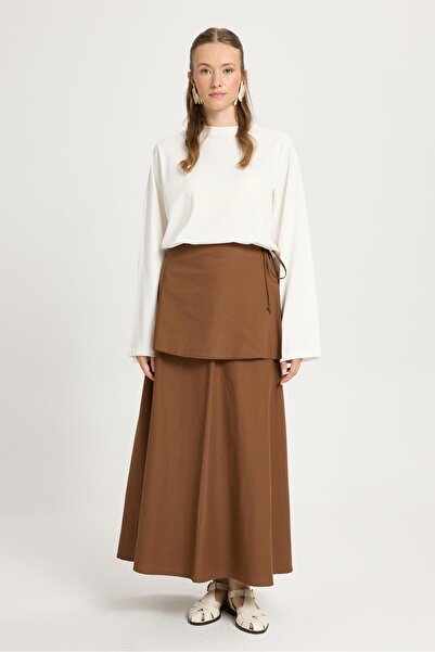 minaaise Women's Brown Belted Poplin Long Skirt 30021