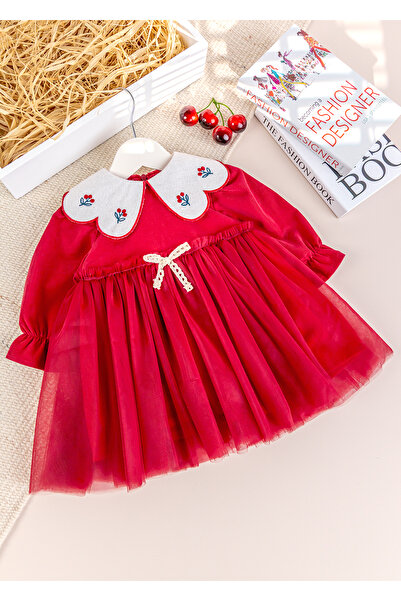 Babymod Stylish Special Occasion Velvet Baby Dress with Baby Collar and Tulle Skirt