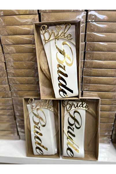 Görkem Toptan Bride Taç Ve Kuşak Seti Bride To Be Beyaz Üzeri Gold Kuşak ve Taç