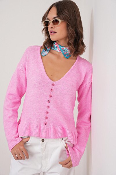 Mixray 6954 women's pink ruffle detailed v-neck knit sweater