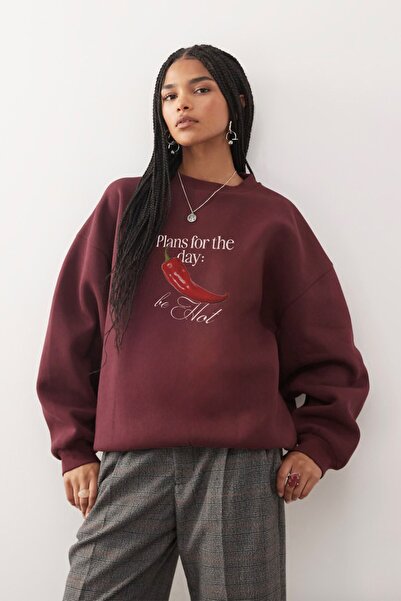 The Champ Clothing Γυναικείο φούτερ Oversize Be Hot με στάμπα μπορντό – Λαιμόκοψη, 3 κλωστές από φλις με ανάγλυφο